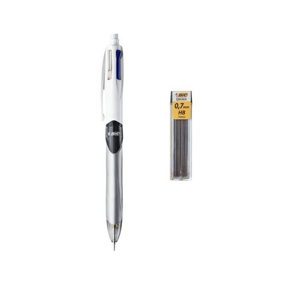 Golyóstoll, háromszínű, nyomósirónnal egyben, BIC "4 Colours" + grafitbél