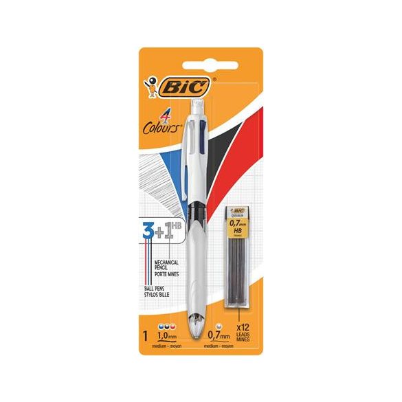 Golyóstoll, háromszínű, nyomósirónnal egyben, BIC "4 Colours" + grafitbél