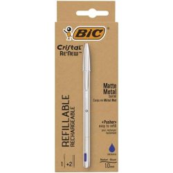   Golyóstoll 0,32 mm, kupakos, matt ezüst színű tolltest, BIC "Cristal Re'New", kék + betét