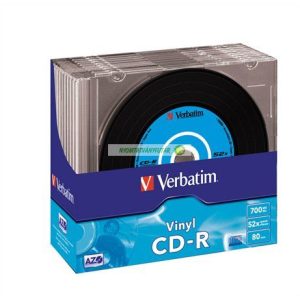 CD-R lemez, bakelit lemez-szerű felület, AZO, 700MB, 52x, 10 db, vékony tok, VERBATIM "Vinyl"
