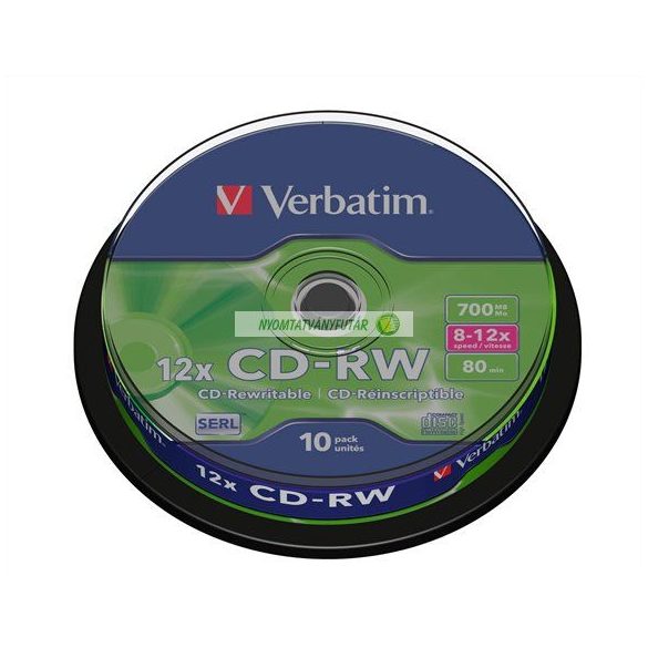 CD-RW lemez, újraírható, SERL, 700MB, 8-10x, 10 db, hengeren VERBATIM