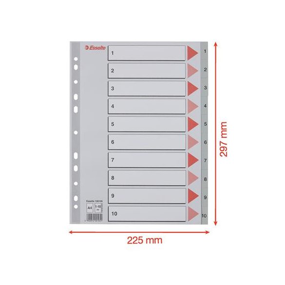 Regiszter, műanyag, A/4, 1-10, ESSELTE, szürke