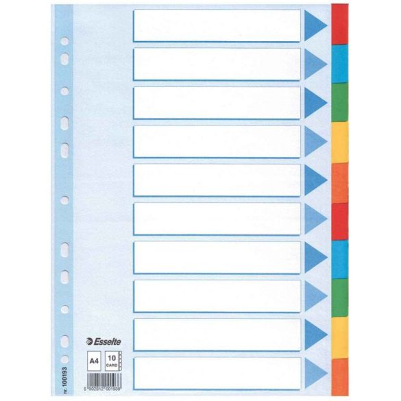 Regiszter, karton, A/4, 10 részes, írható előlappal, ESSELTE "Standard", színes 