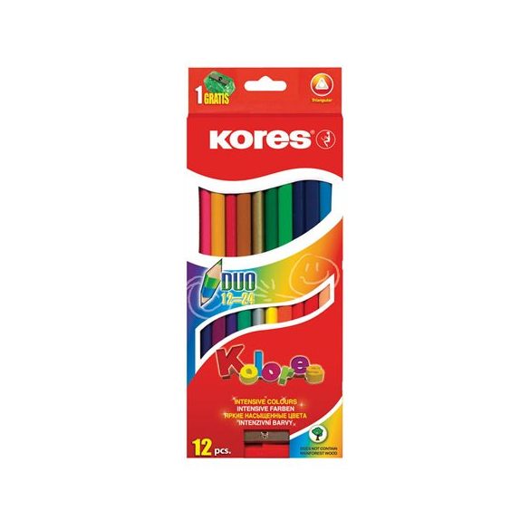 Színes ceruza készlet, kétvégű, háromszögletű, KORES "Duo", 12 különböző szín