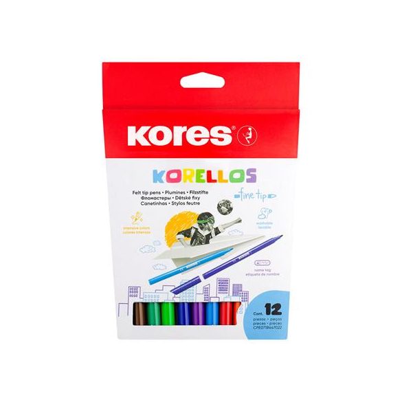 Filctoll készlet, kimosható, KORES "Korellos", 12 különböző szín