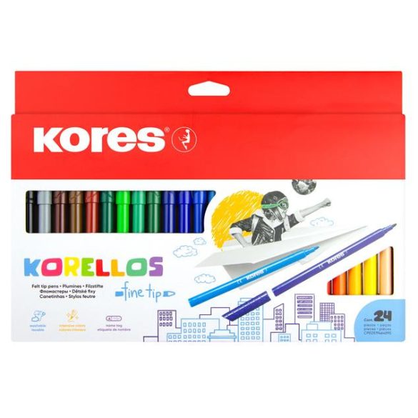 Filctoll készlet, kimosható, KORES "Korellos", 24 különböző szín