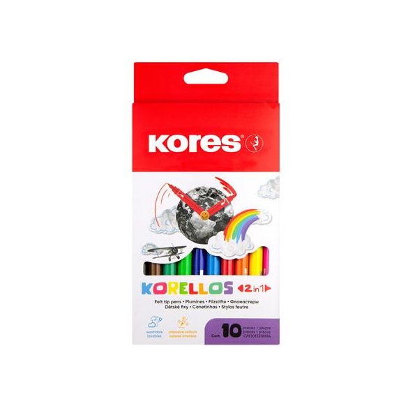 Filctoll készlet, 1-3 mm, kimosható, KORES "Korellos 2in1", 10 különböző