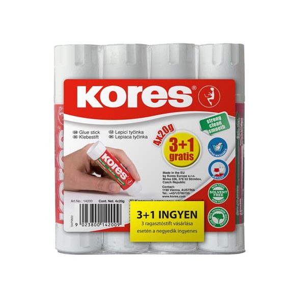 Ragasztóstift, 20 g, 3+1 akciós kiszerelés, KORES