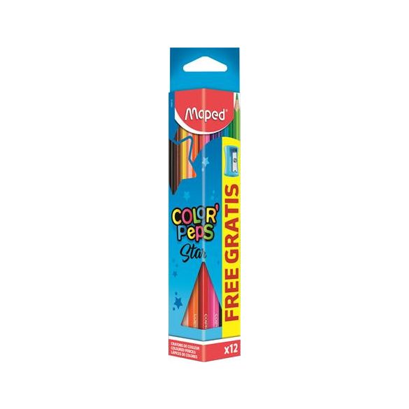 Színes ceruza készlet, háromszögletű, hegyezővel, MAPED "Color'Peps", 12 szín