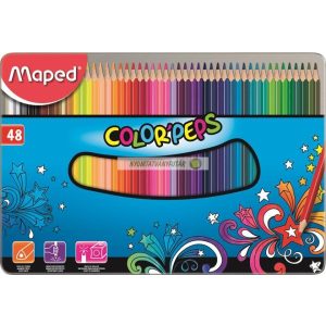 Színes ceruza készlet, háromszögletű, fém doboz, MAPED "Color'Peps", 48 különböző szín