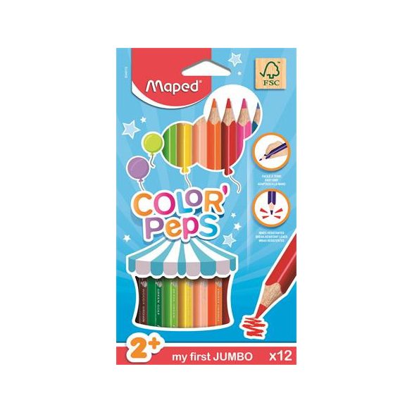 Színes ceruza készlet, háromszögletű, vastag, MAPED "Color'Peps Maxi", 12 szín