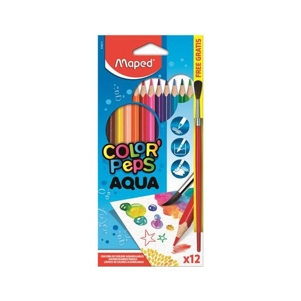 Akvarell ceruza készlet, háromszögletű, ecsettel, MAPED "Color Peps", 12 különböző szín