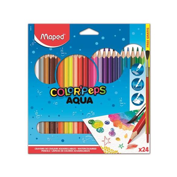 Akvarell ceruza készlet, háromszögletű, ecsettel, MAPED "Color Peps", 24 különböző szín