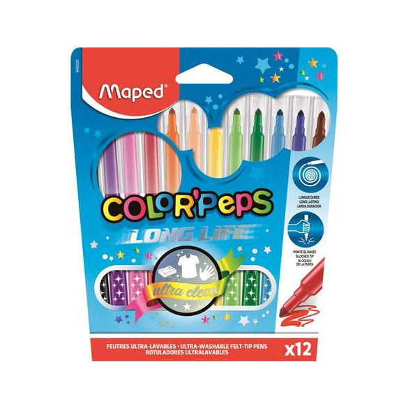 Filctoll készlet, 1-3,6 mm, kimosható, MAPED "Color'Peps", 12 különböző szín