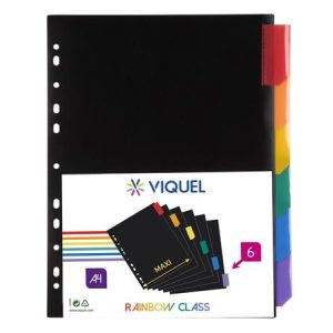 Regiszter, műanyag, A/4 Maxi, 6 részes, VIQUEL "Rainbow Class", fekete