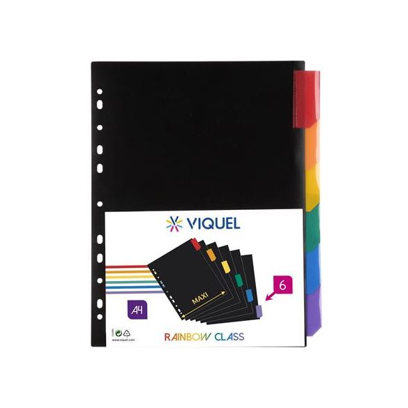 Regiszter, műanyag, A/4 Maxi, 6 részes, VIQUEL "Rainbow Class", fekete