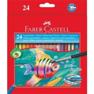 Aquarell színes ceruza készlet, hatszögletű, ecsettel, FABER-CASTELL, 24 különböző szín