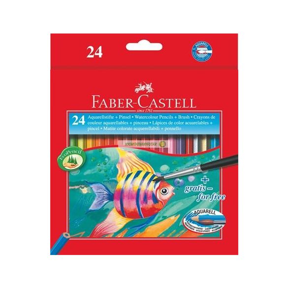 Aquarell színes ceruza készlet, hatszögletű, ecsettel, FABER-CASTELL, 24 különböző szín