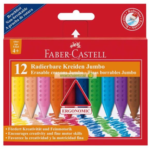 Zsírkréta, háromszögletű, FABER-CASTELL "Jumbo Grip", 12 különböző szín