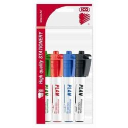   Tábla- és flipchart marker készlet, 1-3 mm, kúpos, ICO "Plan", 4 különböző szín