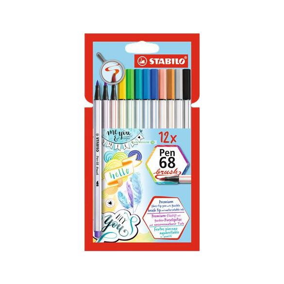 Ecsetirón készlet, STABILO "Pen 68 brush", 12 különböző szín