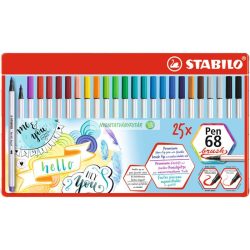   Ecsetirón készlet, fém doboz, STABILO "Pen 68 brush", 25 különböző szín