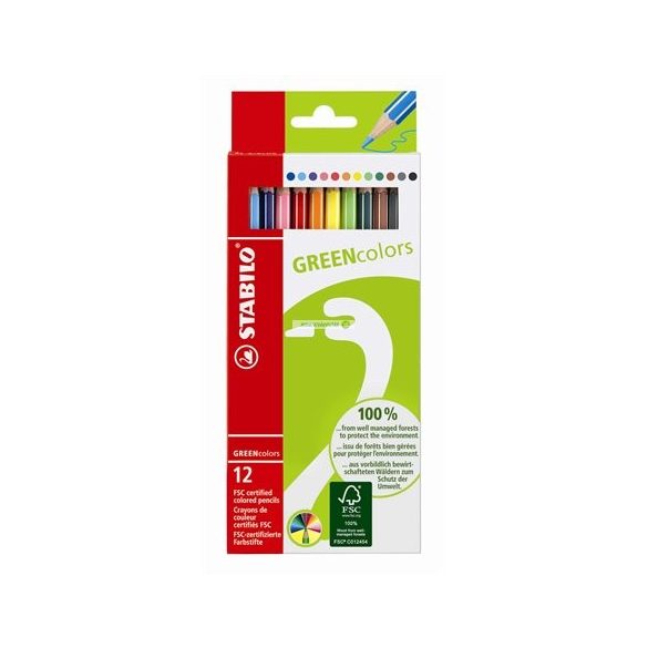 Színes ceruza készlet, hatszögletű, STABILO "GreenColors", 12 szín
