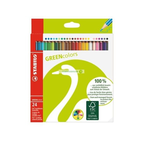 Színes ceruza készlet, hatszögletű, STABILO "GreenColours", 24 szín