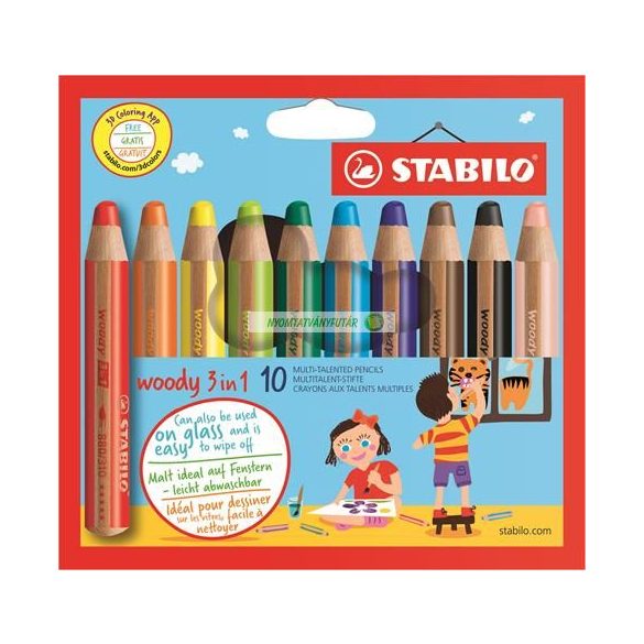 Színes ceruza készlet, kerek, vastag, STABILO "Woody 3 in 1", 10 szín
