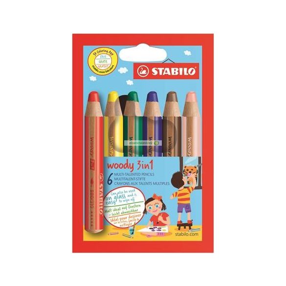 Színes ceruza készlet, kerek, vastag, STABILO "Woody 3 in 1", 6 szín