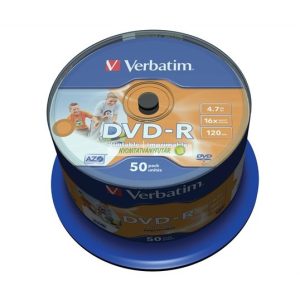 DVD-R lemez, nyomtatható, matt, no-ID, 4,7GB, 16x, 50 db, hengeren, VERBATIM