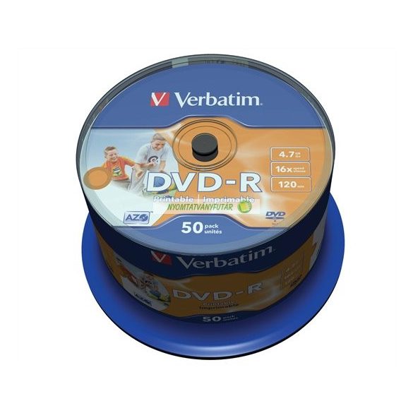 DVD-R lemez, nyomtatható, matt, no-ID, 4,7GB, 16x, 50 db, hengeren, VERBATIM