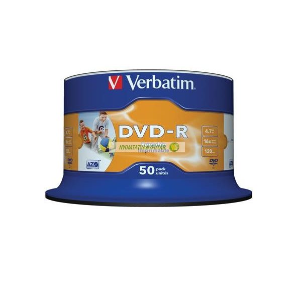DVD-R lemez, nyomtatható, matt, no-ID, 4,7GB, 16x, 50 db, hengeren, VERBATIM