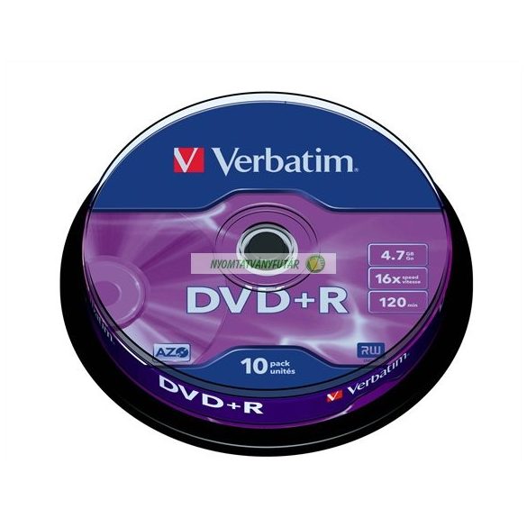 DVD+R lemez, AZO, 4,7GB, 16x, 10 db hengeren, VERBATIM