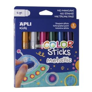 Tempera stift készlet, toll alakú, APLI "Kids", 6 különböző metál szín