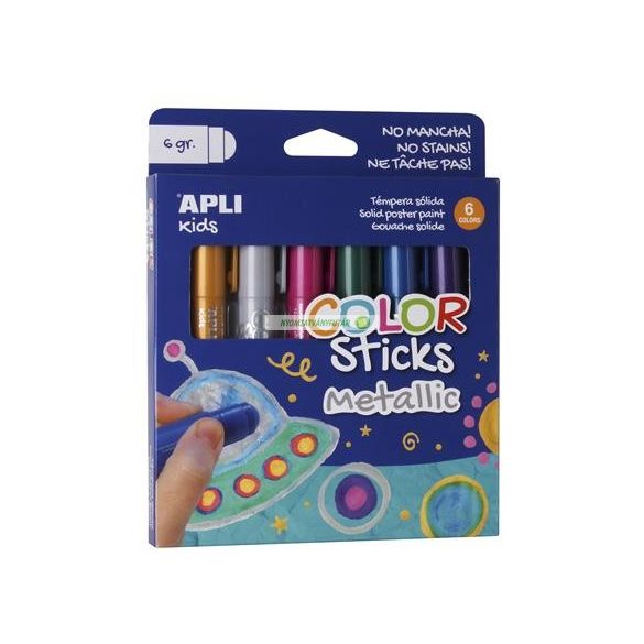 Tempera stift készlet, toll alakú, APLI "Kids", 6 különböző metál szín