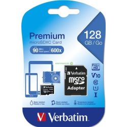   Memóriakártya, microSDXC, 128GB, CL10/U1, 90/10 MB/s, adapter, VERBATIM, "Premium"