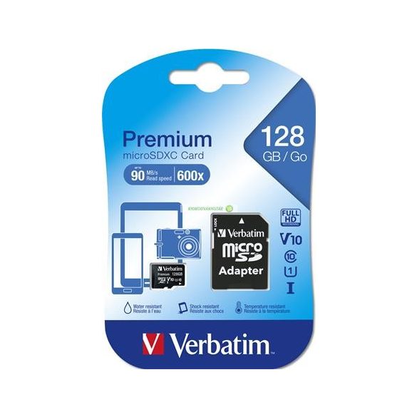 Memóriakártya, microSDXC, 128GB, CL10/U1, 90/10 MB/s, adapter, VERBATIM, "Premium"