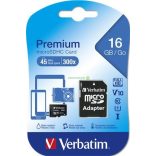 Memóriakártya, microSDHC, 16GB, CL10/U1, 45/10 MB/s, adapter, VERBATIM "Premium"