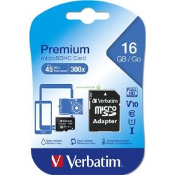   Memóriakártya, microSDHC, 16GB, CL10/U1, 45/10 MB/s, adapter, VERBATIM, "Premium"