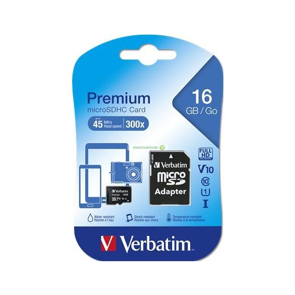 Memóriakártya, microSDHC, 16GB, CL10/U1, 45/10 MB/s, adapter, VERBATIM, "Premium"