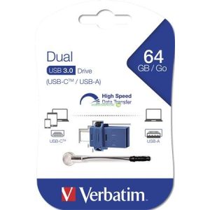 Pendrive, 64GB, USB 3.0+USB-C adapter, VERBATIM, "DUAL"