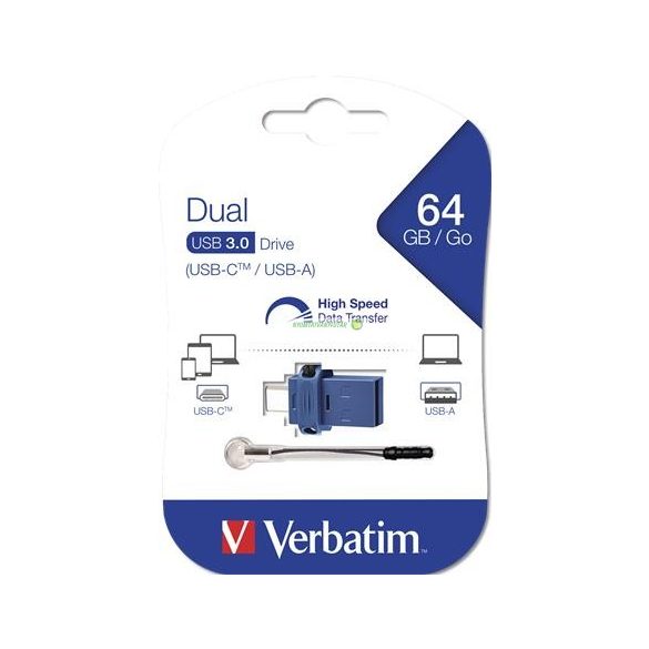 Pendrive, 64GB, USB 3.0+USB-C adapter, VERBATIM, "DUAL"