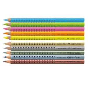Színes ceruza grip Jumbo Neon+metal+hegyező, Faber Castell, 10 szín