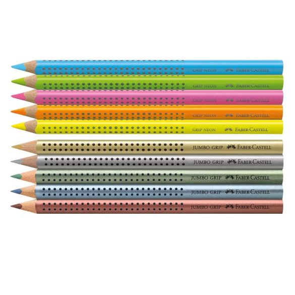 Színes ceruza grip Jumbo Neon+metal+hegyező, Faber Castell, 10 szín