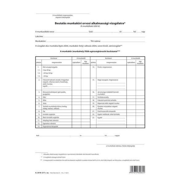 A.3510-217 Beutaló munkaköri alkalmassági vizsgálatra szabadlap A/4 álló