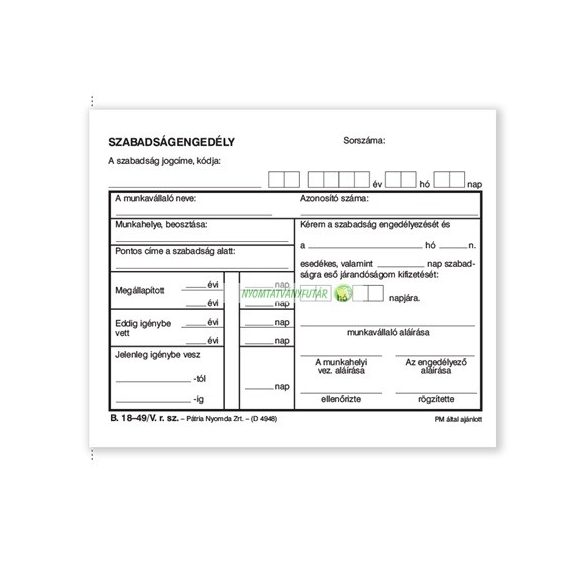 B.18-49/V Szabadságengedély 50x2 lapos tömb A/6 fekvő