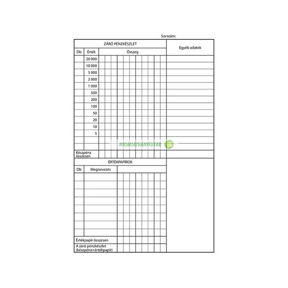 B.22-26/V Pénztárzárás 25x2+2 lapos tömb A/5 álló
