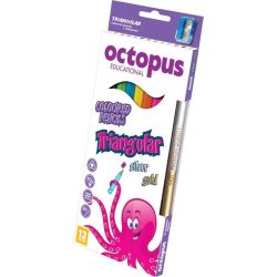   Színesceruza készlet háromszög test, ajándék hegyező Octopus 12 szín